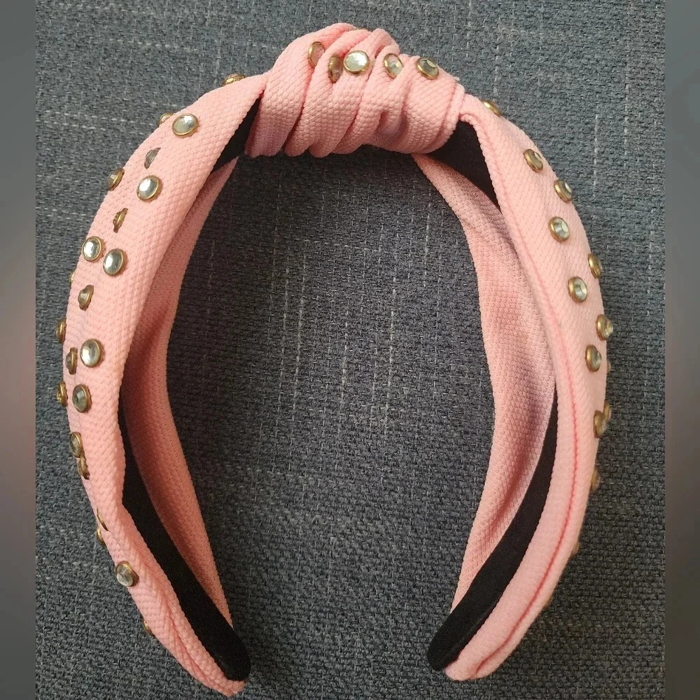 Crystal Studded Top Knot Women's Rhinestone Embellished Headband Coral Color - Picture 6 of 12